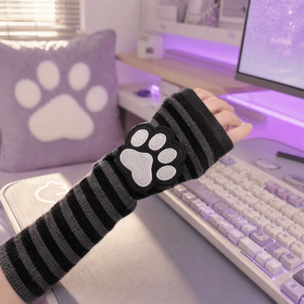Cute Cat Claw Striped Pattern  - Fingerless Glove Knit ulasan dan harga