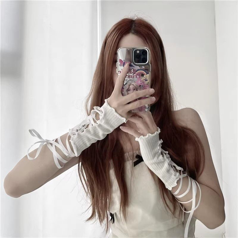 Women Lace‑Up Fingerless Arm S - Fingerless Glove Knit ulasan dan harga