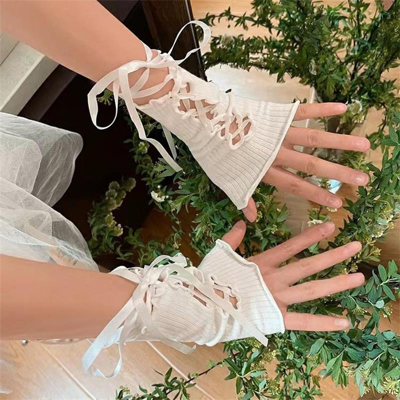 Women Lace‑Up Fingerless Arm S - Fingerless Glove Knit ulasan dan harga